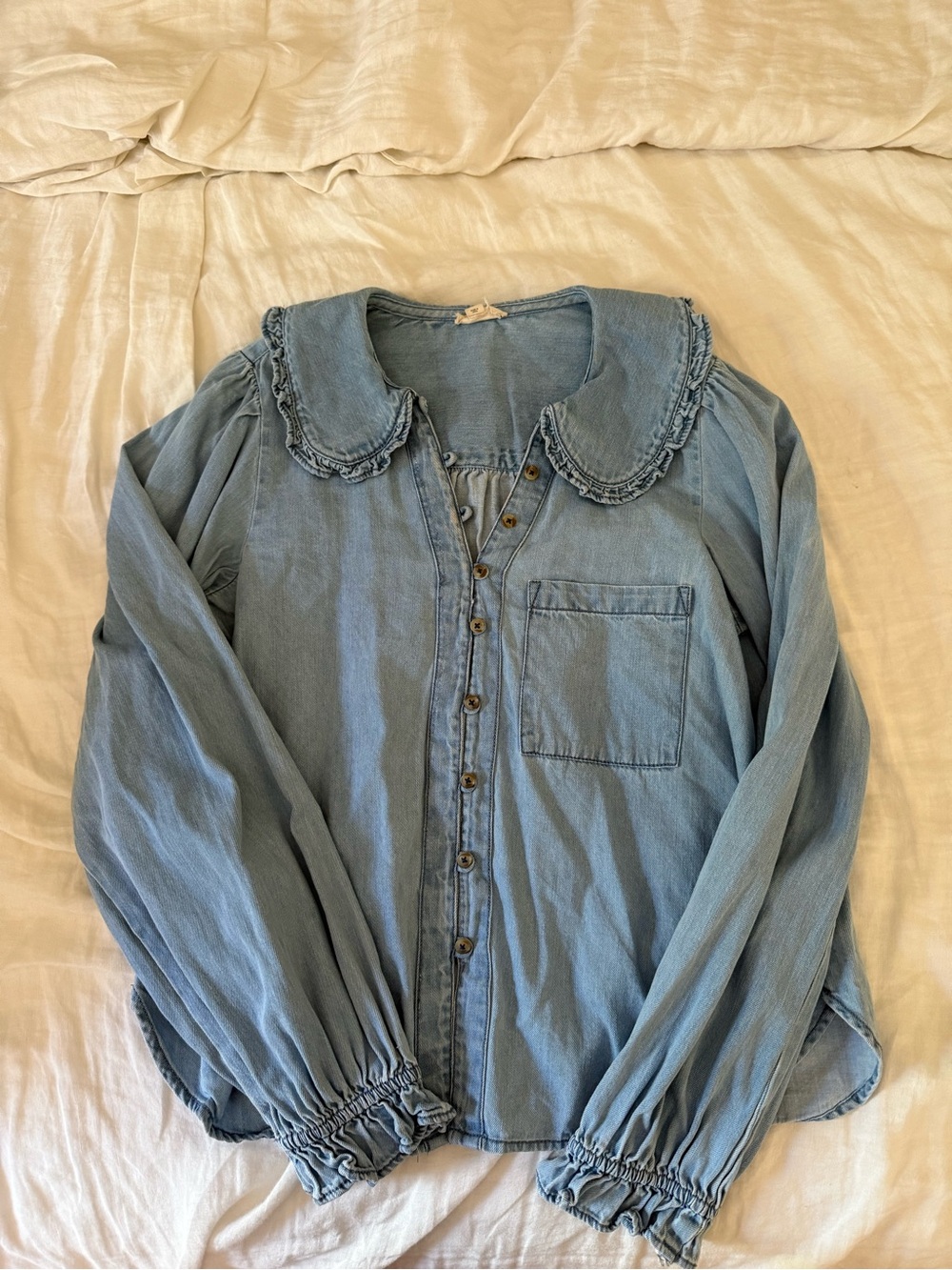 Pilcro Light Blue Ruffled Peter Pan Collar Button-Front Blouse